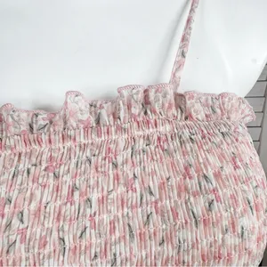 Mabel Daphne Ditsy Flower Ruffe Trim Smocked Midi Long Tube Dress Pink‎ Large thumbnail 8