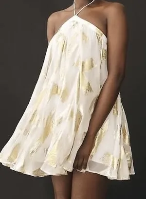 Anthropologie White/Gold Halter Dress thumbnail 1