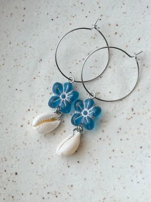 Handmade quality Czech glass flower beads & natural cowrie seashell hoop dangle earrings 🌀💕 thumbnail 4