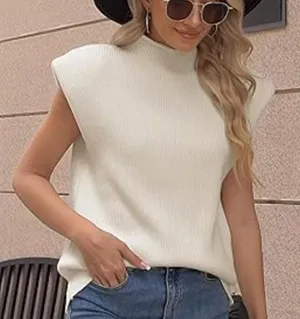 Fashion Women's Size Small Shoulder Pad Sleeveless Jumper Sweater Cream White thumbnail 1