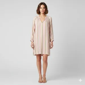 Xirena Sabrine Pink Striped Cotton Gauze V-Neck Mini Dress Long Sleeve Sz Small thumbnail 2
