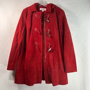 Bradley Bayou Red Suede Leather Toggle Hooded Coat Jacket Large L Silver Toggles thumbnail 7