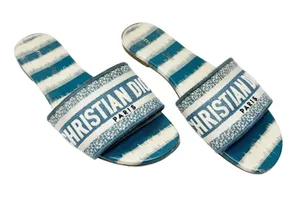 Christian Dior Dway Slides Deep Ocean Blue White Striped Canvas Sandals 37.5 thumbnail 1