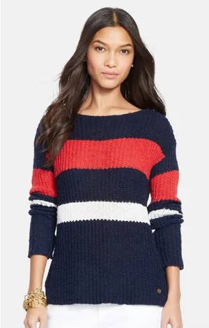 Lauren Ralph Lauren Linen Cotton Open Knit Stripe Sweater Western Sz Large thumbnail 1