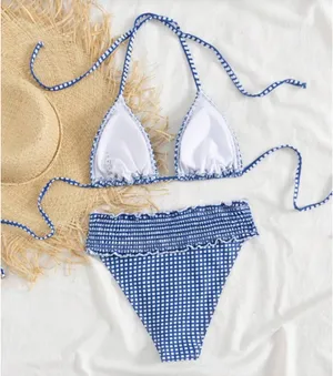 SheIn Swim Vcay Women's Casual Vacation Blue & White Plaid Print Tankini Swimsuit Set thumbnail 2
