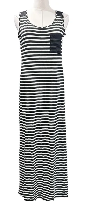 Espresso Maxi Dress Boho Beach NWT Mesh Accent Black/White Stripe Size M FLAW thumbnail 1