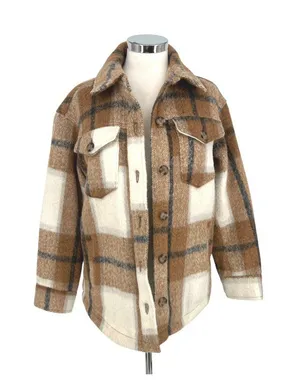 Avec Les Filles Plaid Shacket Jacket Button-Up Brown Cream Size Small Cabincore thumbnail 1