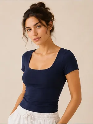 SKIMS Navy Blue Square Neck Cap Sleeve Basic Essential Luxury Y2K Tee Small thumbnail 1