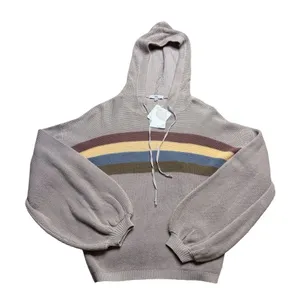 ✨🌈‎ FATE Hooded Knit Sweater Rainbow Stripe Taupe Hoodie M 🌈✨ thumbnail 1