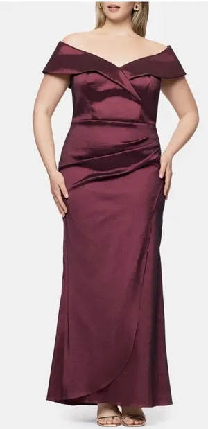Xscape Andie Off the Shoulder‎ Ruffle Taffeta Gown Size 20W Wine thumbnail 1