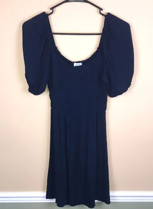NWT Blue Rain Women’s Smocked Bodice Puff Sleeve Navy Blue Dress thumbnail 1
