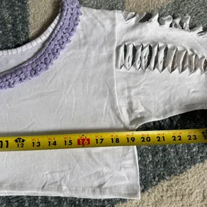 White Cropped Flirty T-Shirt Crochet Neck Trim Shredded Sleeves Festival Rave thumbnail 5