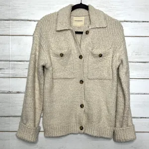 Thread & Supply Sherpa Button Front Small Cream Brazilian Sand Teddy Shacket thumbnail 2