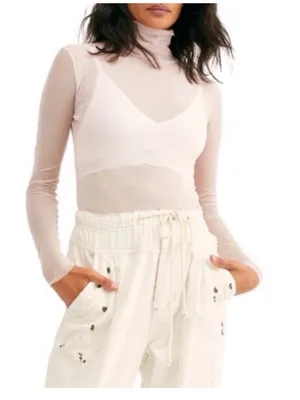 Free People Double Layer Mesh Turtleneck Top in Ivory and size medium thumbnail 1