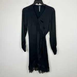 Anthropologie Lace Trimmed Wrap Dress Viscose Satin Long Sleeve Black XS NWT thumbnail 6