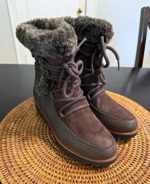 Earth Zurich Basel Brown Leather Faux Fur Trim Lace Up Ankle Boots Java Multi 7M thumbnail 1