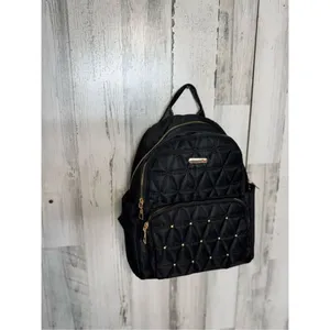 Black Nylon Mini Backpack Quilted Gold Studded Small Travel Bookbag Gold Hardwar thumbnail 3
