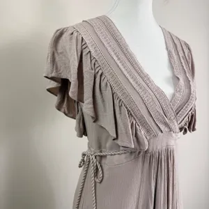 Baltic Born Jennifer Deep V Maxi Dress Small Taupe Crochet Flutter Sleeve Boho L thumbnail 11