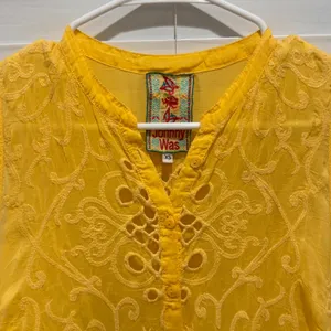 Johnny Was Embroidered Eyelet Floral Tunic Dress Yellow Cover Up‎ Resortwear XS thumbnail 2