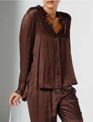 PIPPA THE LABEL Lennox Satin Button Down NWT Sz XS‎ Brown thumbnail 1
