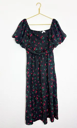 Petal & Pup Chlo Cherry Print Puff Sleeve Midi Dress Size Large Smocked Retro thumbnail 3