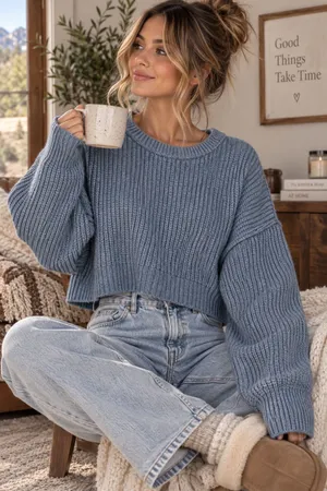 American Eagle Slate Blue Chunky Rib Knit Cropped Oversized Cabincore Sweater thumbnail 1