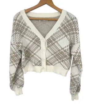 Hollister Button Cardigan Sweater Women XS Plaid Cropped Preppy Academia Neutral thumbnail 1