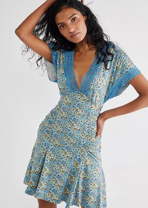 Free People Sweet Talker Mini Dress Short Sleeve V-neck Floral Blue Sz S thumbnail 1