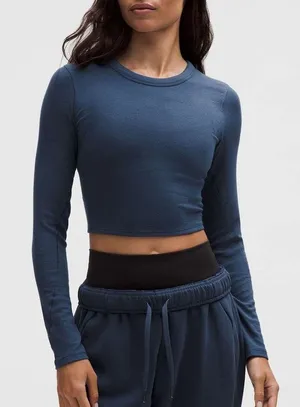Lululemon Hold Tight Cropped Long Sleeve Shirt Size 6 Blue Ribbed Fitted Casual thumbnail 1
