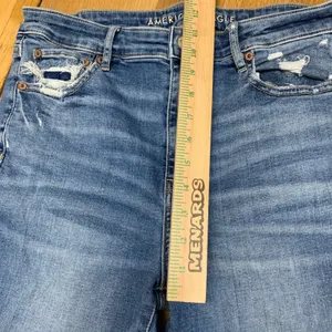 American Eagle Super Hi-Rise Flare Jeans Blue Distressed Raw Hem Women 10‎ Reg thumbnail 3