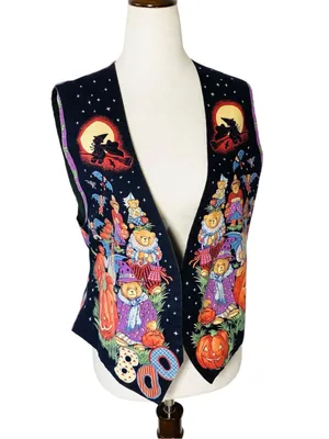 VINTAGE Halloween Bears Vest Black Size XL thumbnail 6