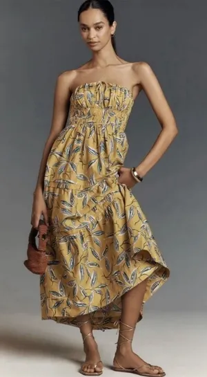 Anthropologie Somerset Strapless Maxi Dress Yellow Floral Tiered Size Small thumbnail 1
