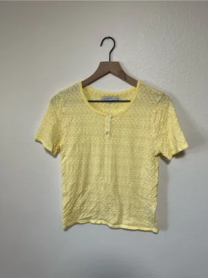 💛Celebrity Pink Yellow Crochet Short Sleeve Henley Top thumbnail 2