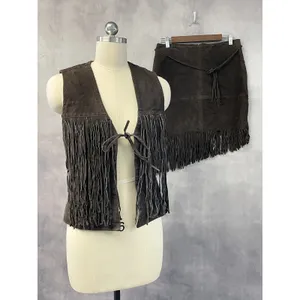 VTG Rampage Fringe Suede Set Vest M Skirt 11 Brown Western Boho Indie Festival thumbnail 2