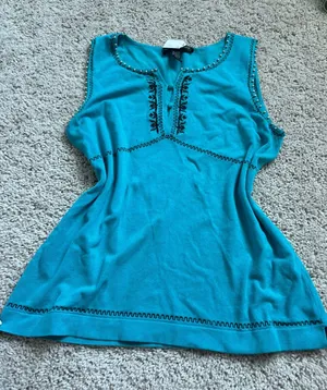 vintage Boho Embroidered Silk Blend Tank Top Turquoise Beaded Sleeveless Knit thumbnail 1