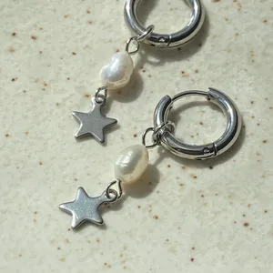 Handmade grunge fairy whimsical y2k style quality pearl star hoop earrings⭐️ thumbnail 4