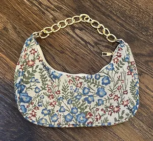 Floral Print Bag with Gold Chain Blue thumbnail 1