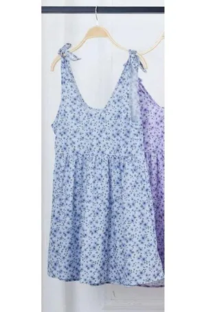 NEW Blue Floral Printed Shoulder Tie Strap Babydoll Dress L thumbnail 5