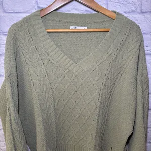 Hollister Women's Green Large V-Neck Cable-Knit Cardigan Hipster Teenager thumbnail 4