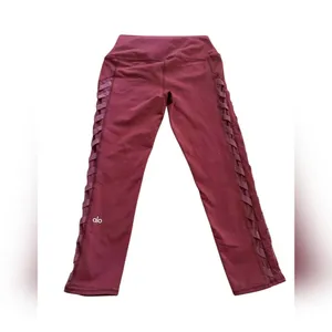 Alo Yoga Interlace‎ High-Waist Leggings Small Burgundy Red Mesh Strappy Core thumbnail 2