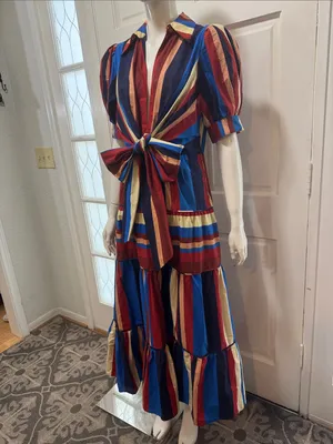 Farm Rio Stripped Multicolor Winter Stripes Short Sleeve Midi Dress Sz Medium thumbnail 7