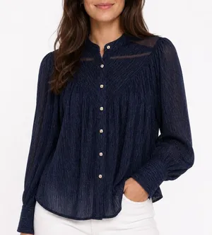 Olivaceous Navy Blue Metallic Pleated Mock Neck Blouse Rose Buttons S thumbnail 1
