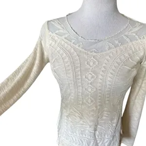 Womens Xhiliration Ivory Lace Overlay Heathered Long Sleeve Blouse Top - Sz S thumbnail 2