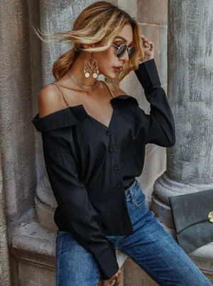 Black off the shoulder button up thumbnail 1