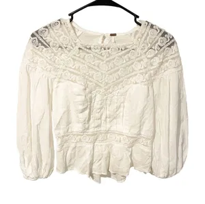 Free People Size Small White ‘Sweet Mornings’ Woven and Lace Top Peasant Boho thumbnail 1