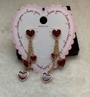 Gold-Tone Red Glitter Heart Dangle Earrings thumbnail 1