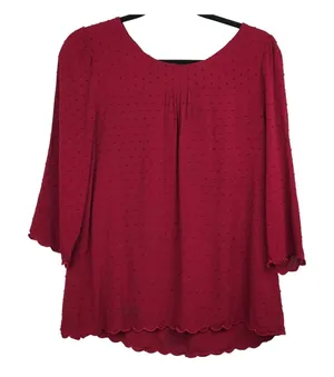 Maeve Anthropologie Blouse Womens 10 Burgundy Swiss Dot Scallop Hem 3/4 Sleeve thumbnail 1