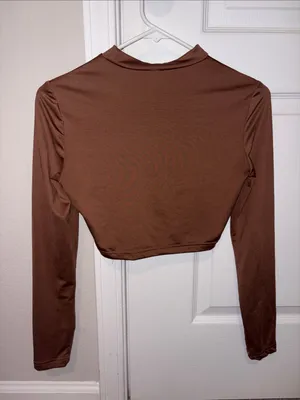 Women's Brown Long-Sleeve Mock Neck Crop Top thumbnail 2