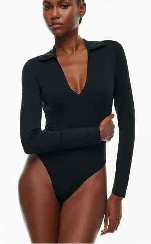 Aritzia Babaton Contour Polo Long Sleeve Bodysuit Black XS Double Layer thumbnail 1