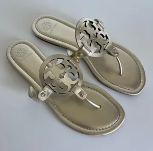 Tory‎ Burch Women's Miller Sandals Metallic Gold Logo Slides Thongs Leather thumbnail 1